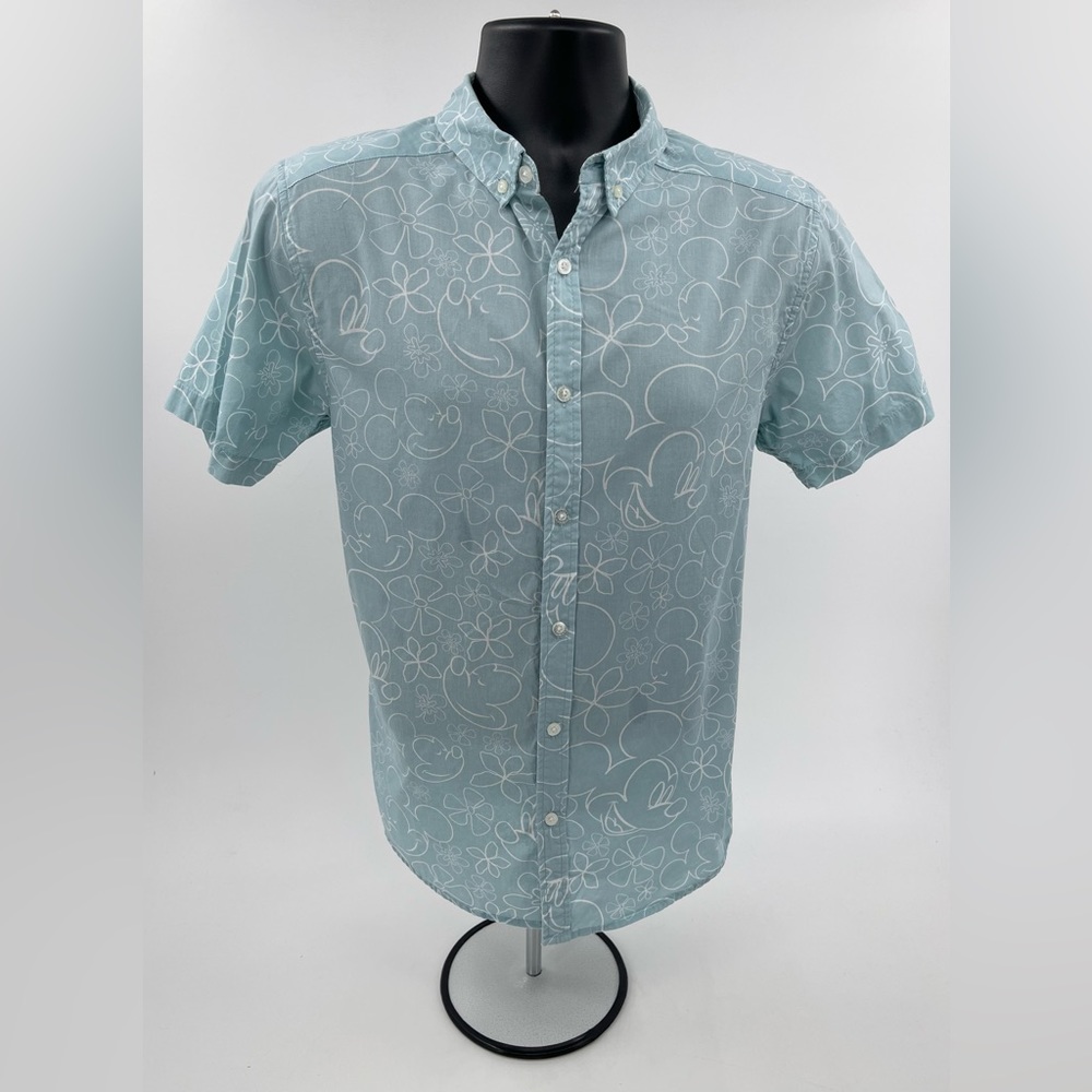 Disney Parks Mickey Hawaiian Button Aloha Light Aqua White Camp Shirt Mens Small